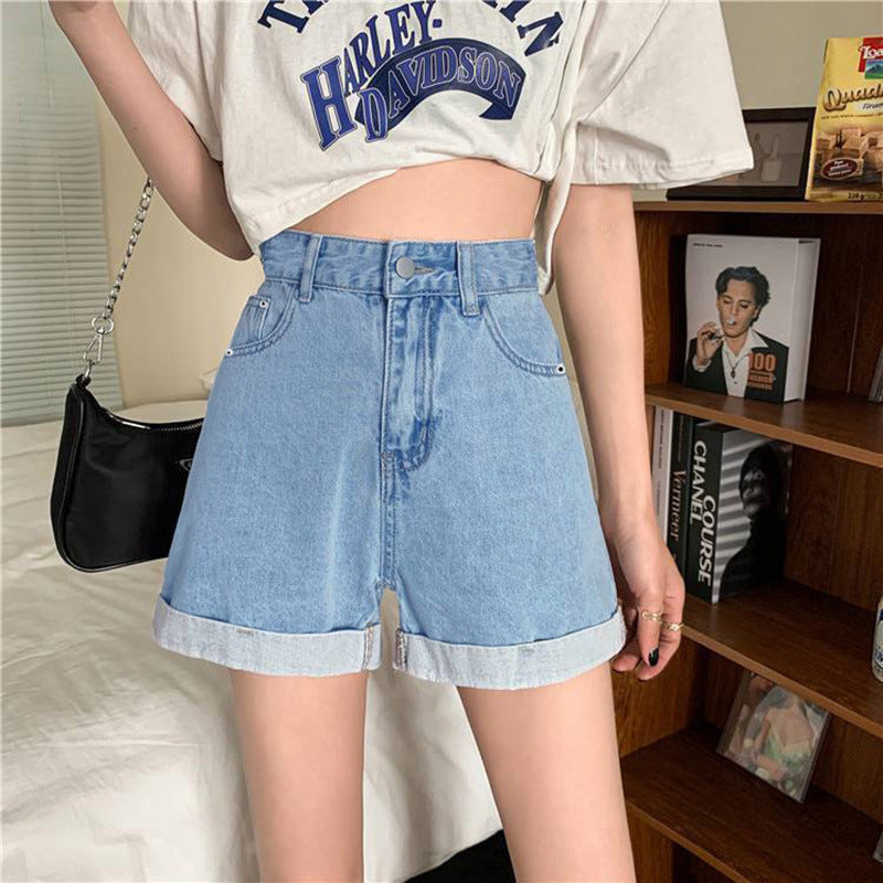 Pantalones cortos vaqueros informales versátiles para mujer, de talle alto, adelgazantes, para primavera y verano.
