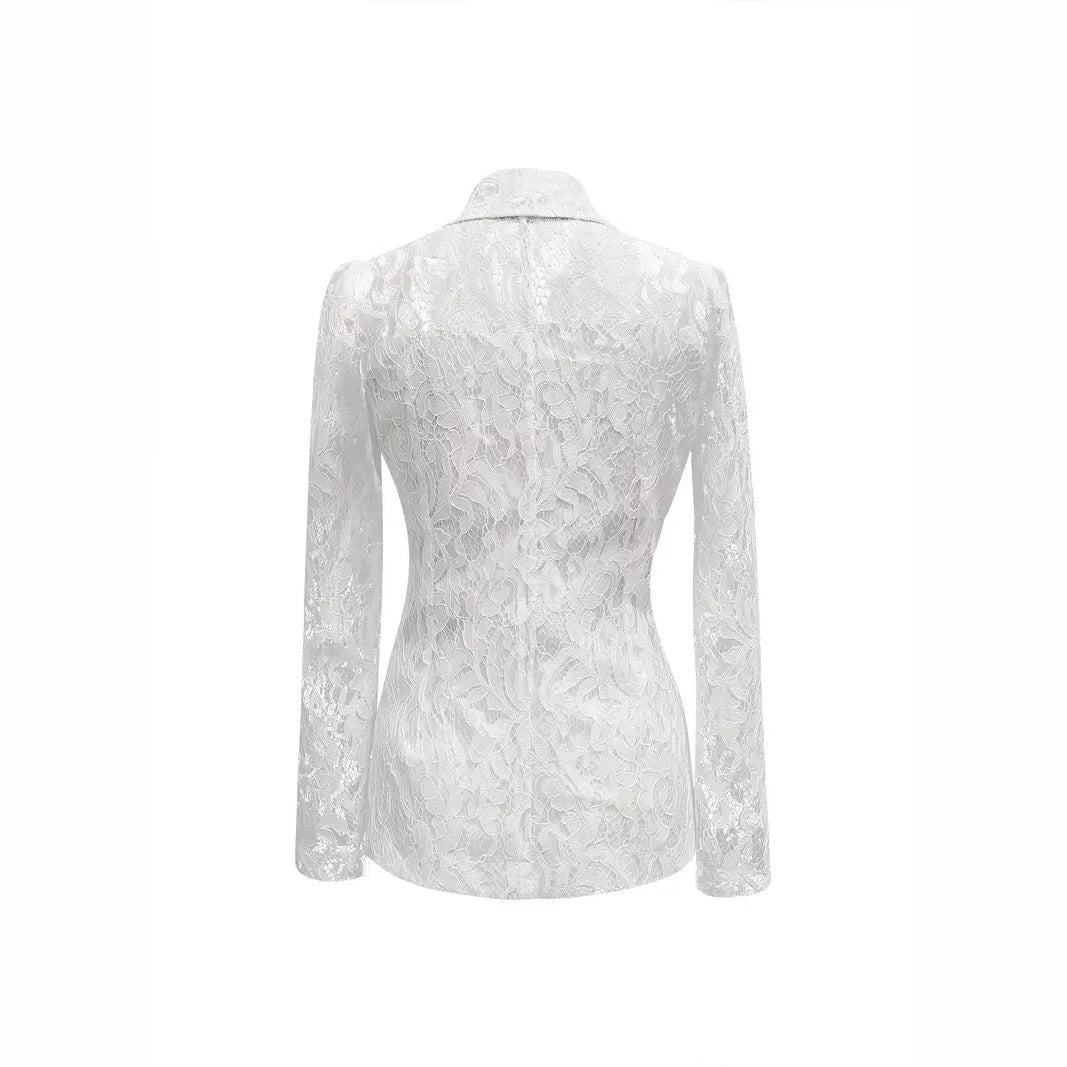 Blazer Transparent Col V en Dentelle Élégant Décontracté et Tendance pour Femme