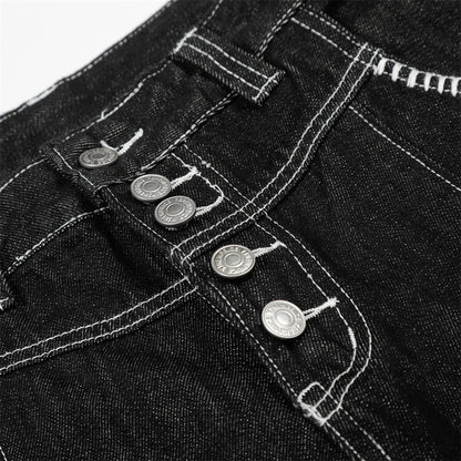 Pantalon de travail à jambe droite, boutonné, longueur cinq-quarts, avec poches et coutures color block.