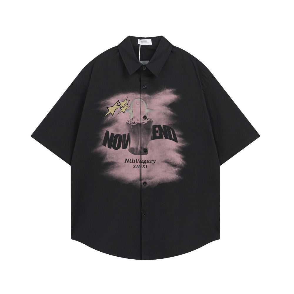 Blurred figure printed short sleeved shirt