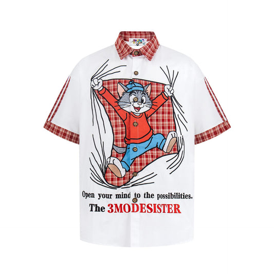 Cat Embroidered Checkered Shirt