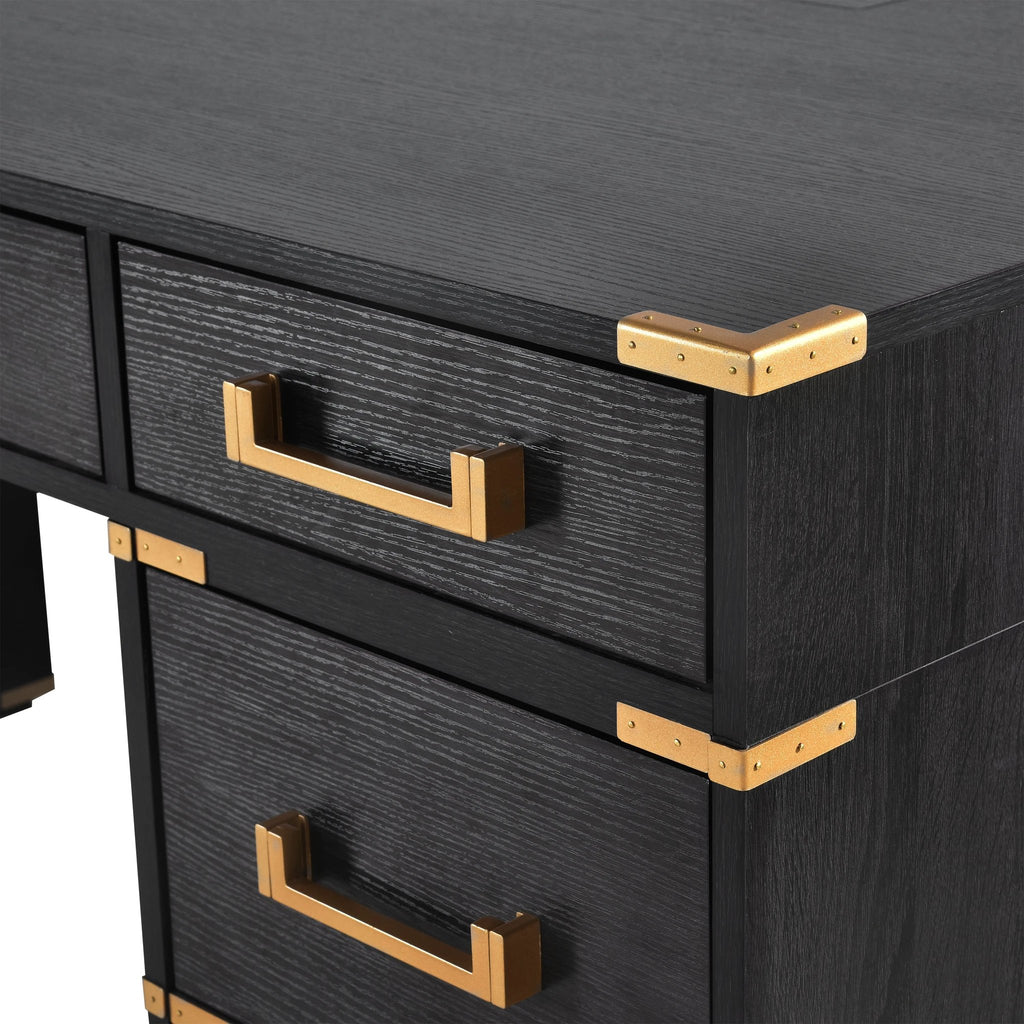 70 inch classic and traditional executive desk with metal trim, writing desk with 2 file drawers, USB ports, and sockets, black by eprolo