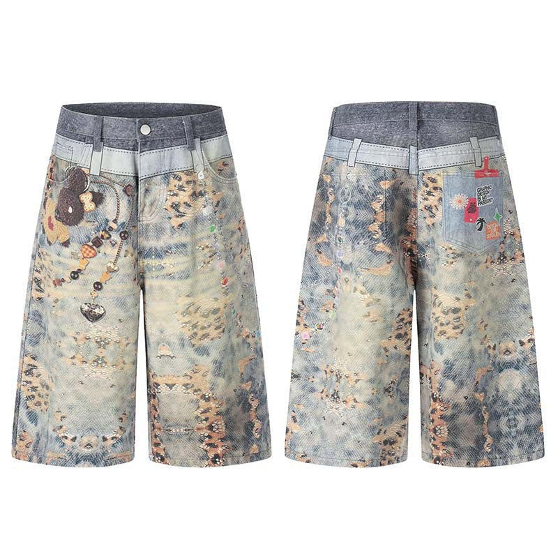 Pendant 3D Digital Printed Washed Denim Cropped Shorts