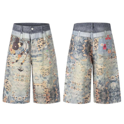 Pendant 3D Digital Printed Washed Denim Cropped Shorts