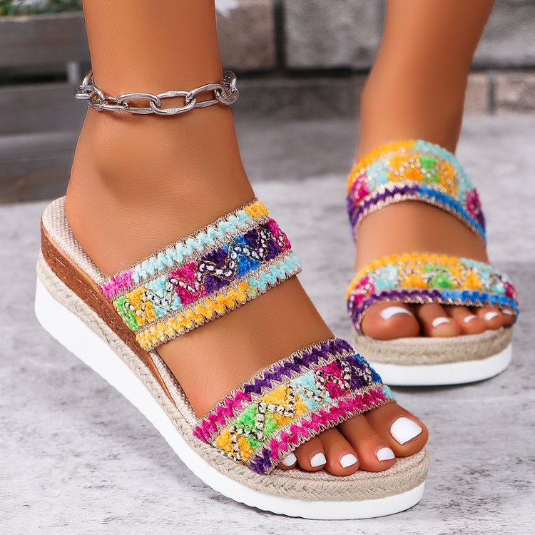 Sandales tressées à motif ondulé tendance, pantoufles décontractées d'été de style ethnique, chaussures compensées à large lanière à semelle en lin pour femmes