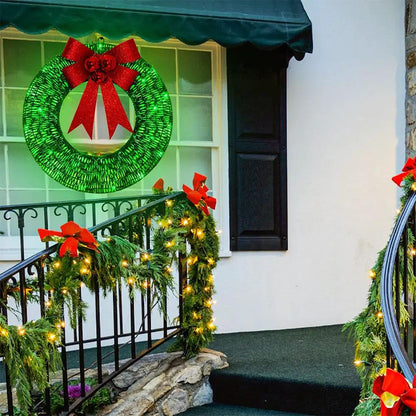 AdTec green Christmas garland wreath, 50cm with warm LED lights and red bow for front door decor