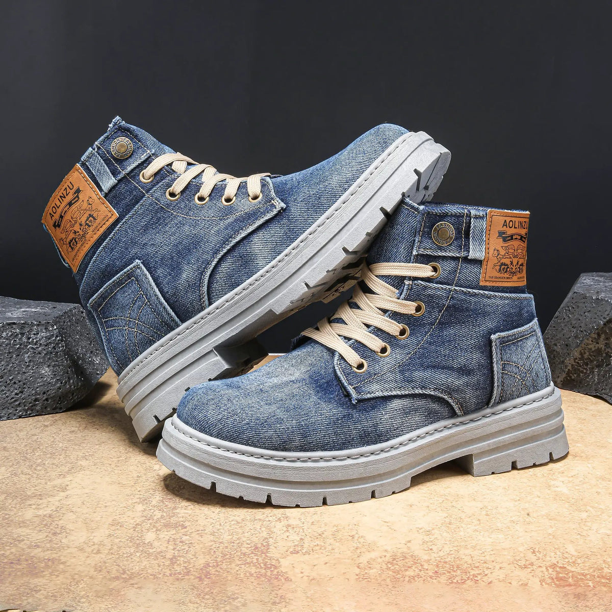 Velora high-top board shoes in blue denim with beige laces, breathable cotton lining, and gray sole