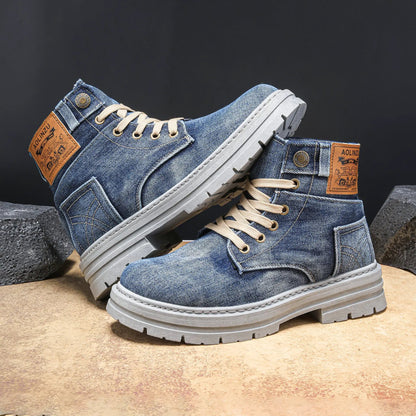 Velora high-top board shoes in blue denim with beige laces, breathable cotton lining, and gray sole