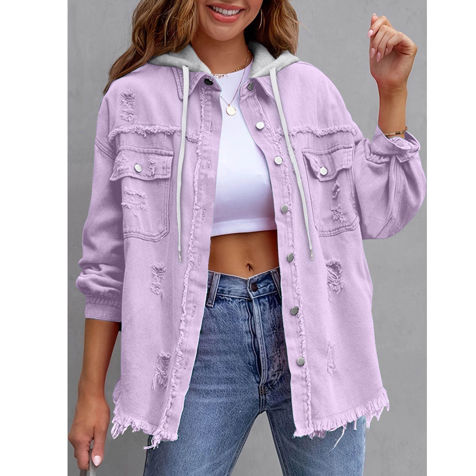 Chaqueta vaquera con capucha holgada de color liso para mujer