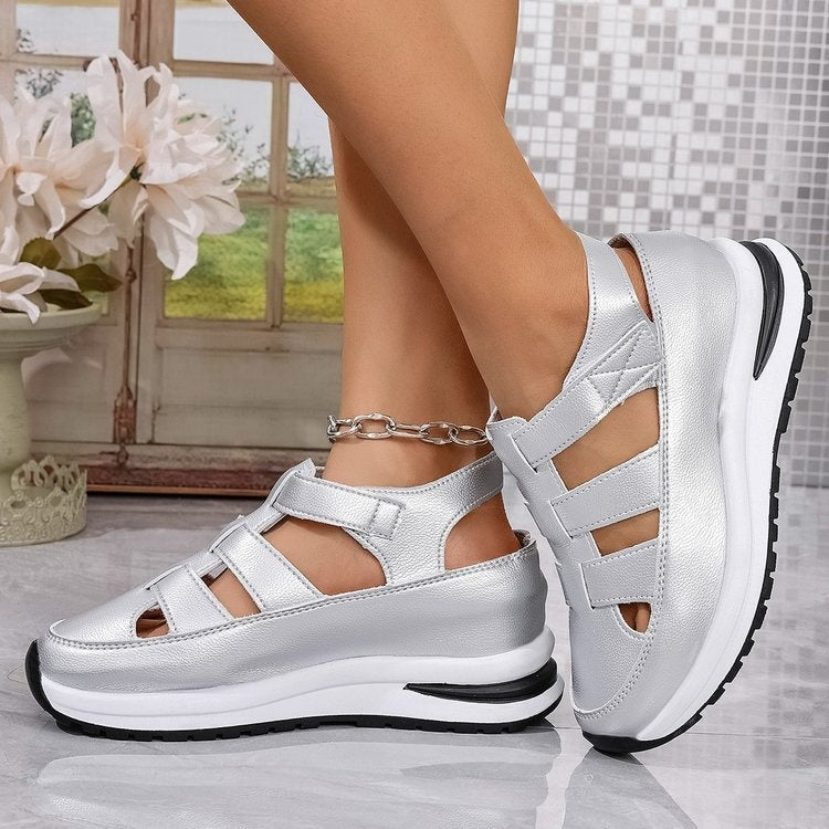 Chaussures d'été compensées creuses Baotou respirantes pour femmes