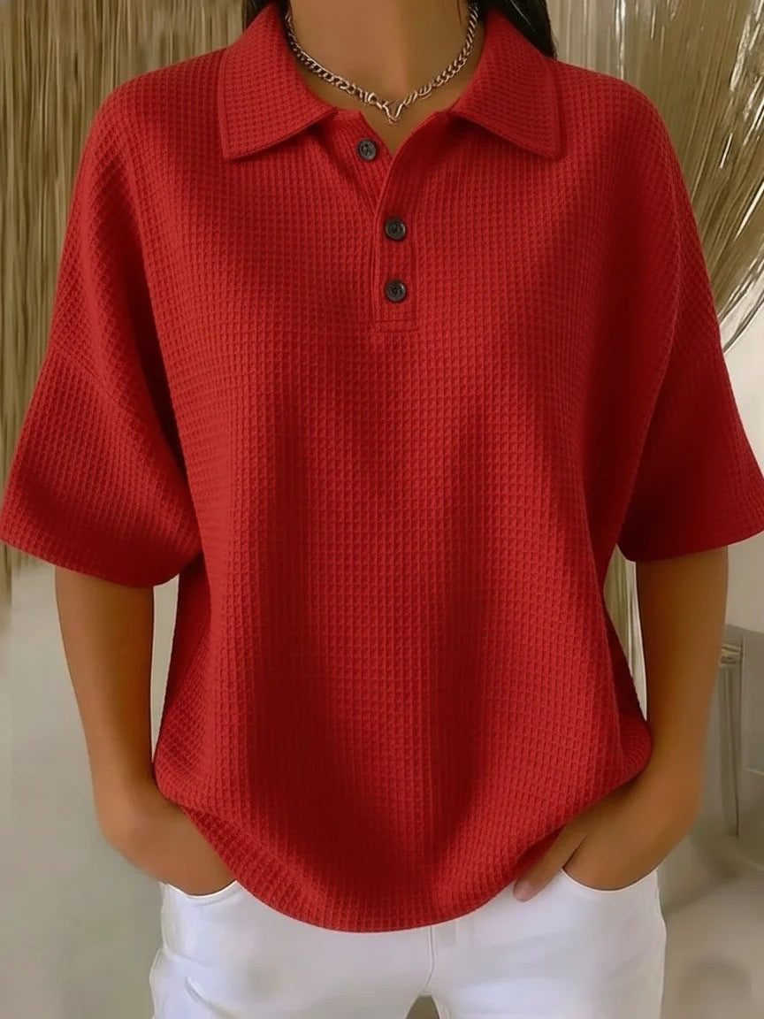 T-shirt boutonné en tricot gaufré à manches courtes, coupe pull, couleur unie