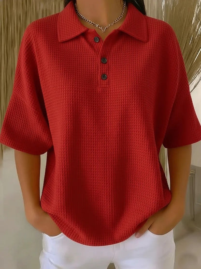 T-shirt boutonné en tricot gaufré à manches courtes, coupe pull, couleur unie