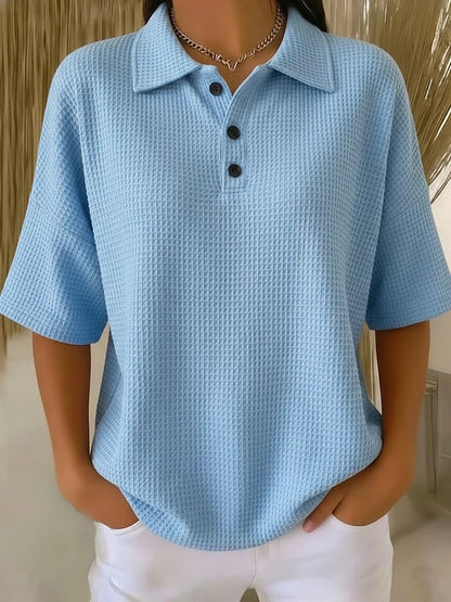 T-shirt boutonné en tricot gaufré à manches courtes, coupe pull, couleur unie
