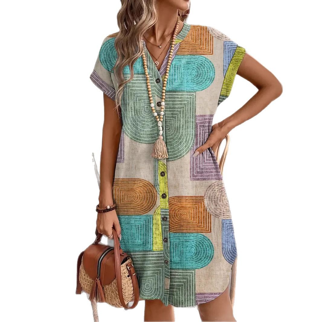 Robe élégante à col en V boutonnée en tissu imprimé