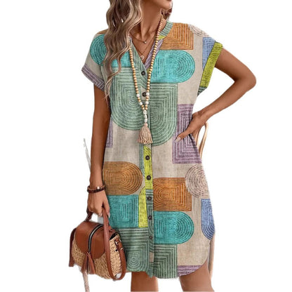 Robe élégante à col en V boutonnée en tissu imprimé