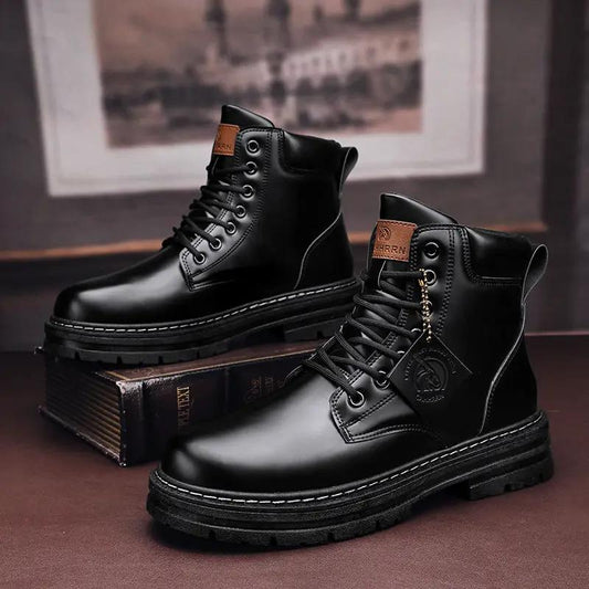 Heritage Premium Vintage Leather Plus Size Worker Boots, AdTec; pair of black leather boots with chunky lug soles.