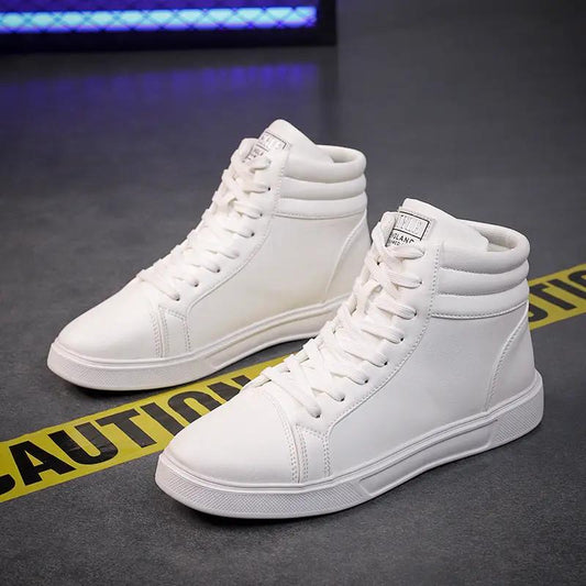 Apex Plus Size Men Ankle Boots in premium white leather with ergonomic support; 2 white high-top boots