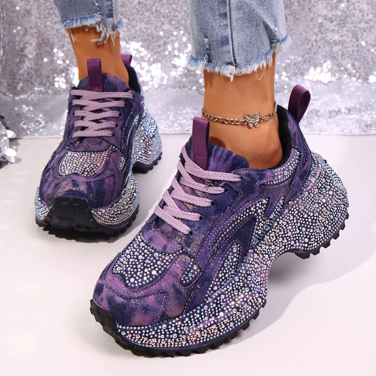 Womens stylish height-increasing chunky-soled sneakers in purple with rhinestone embellishments and lavender laces