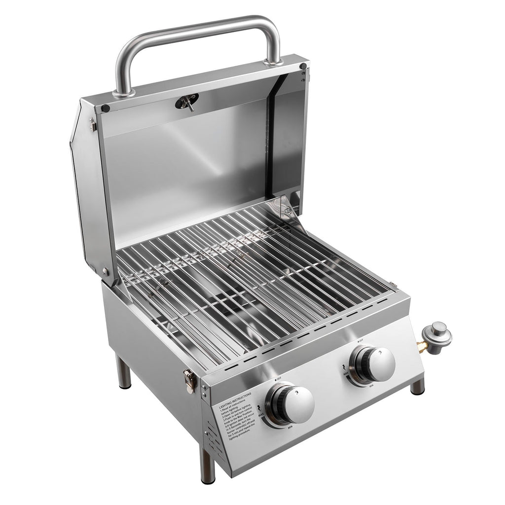 Parrilla de gas de sobremesa, parrilla de propano portátil de acero inoxidable de 2 quemadores