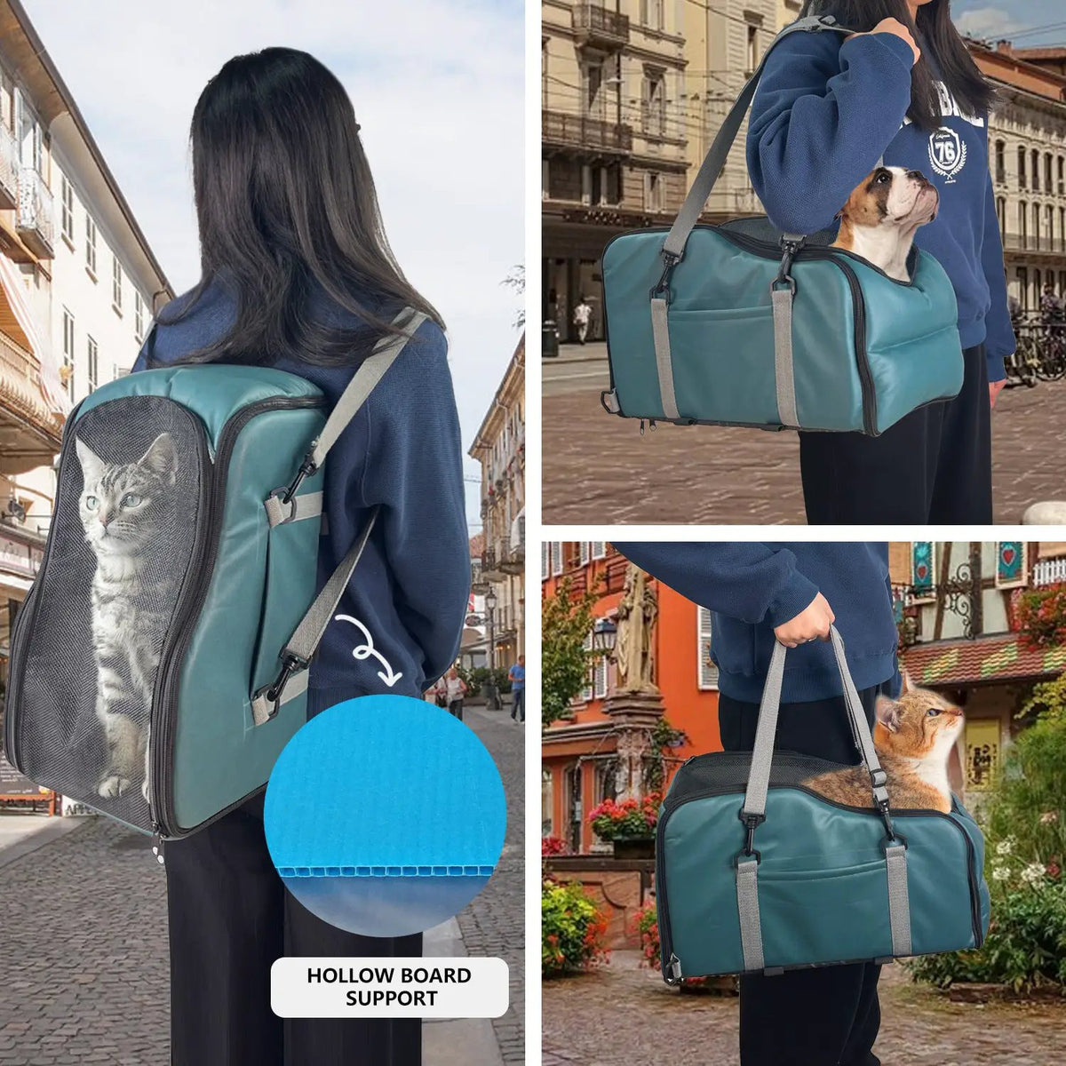 Removable and washable AdTec car kennel pet mat, teal carrier backpack with mesh front for cat or small dog.