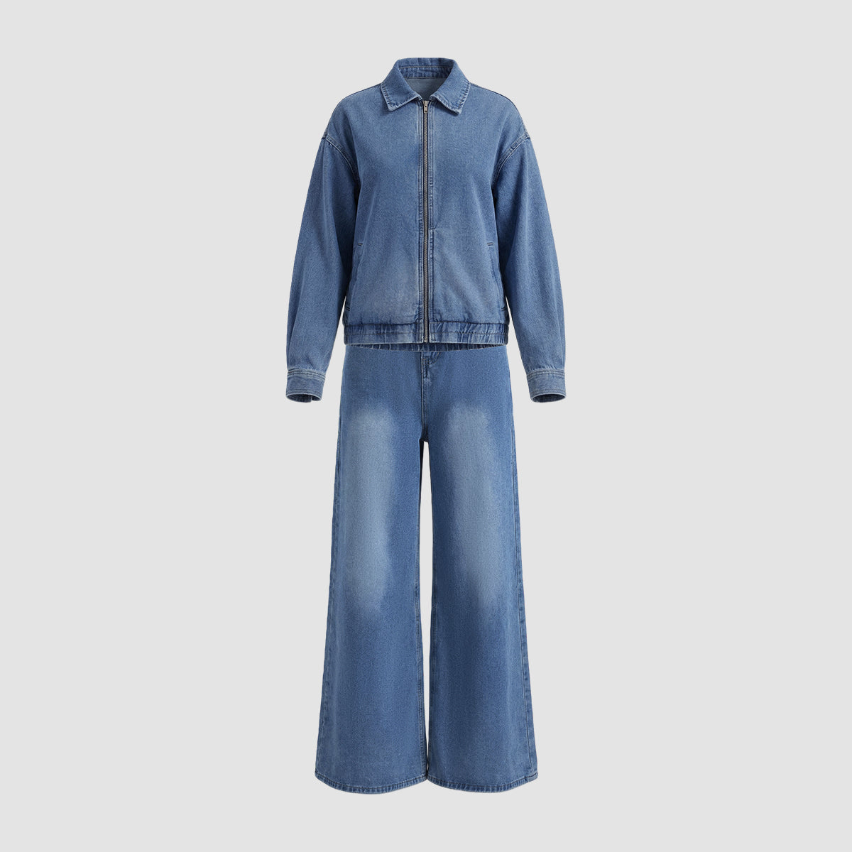 Ensemble veste courte en jean bleu clair et jean large
