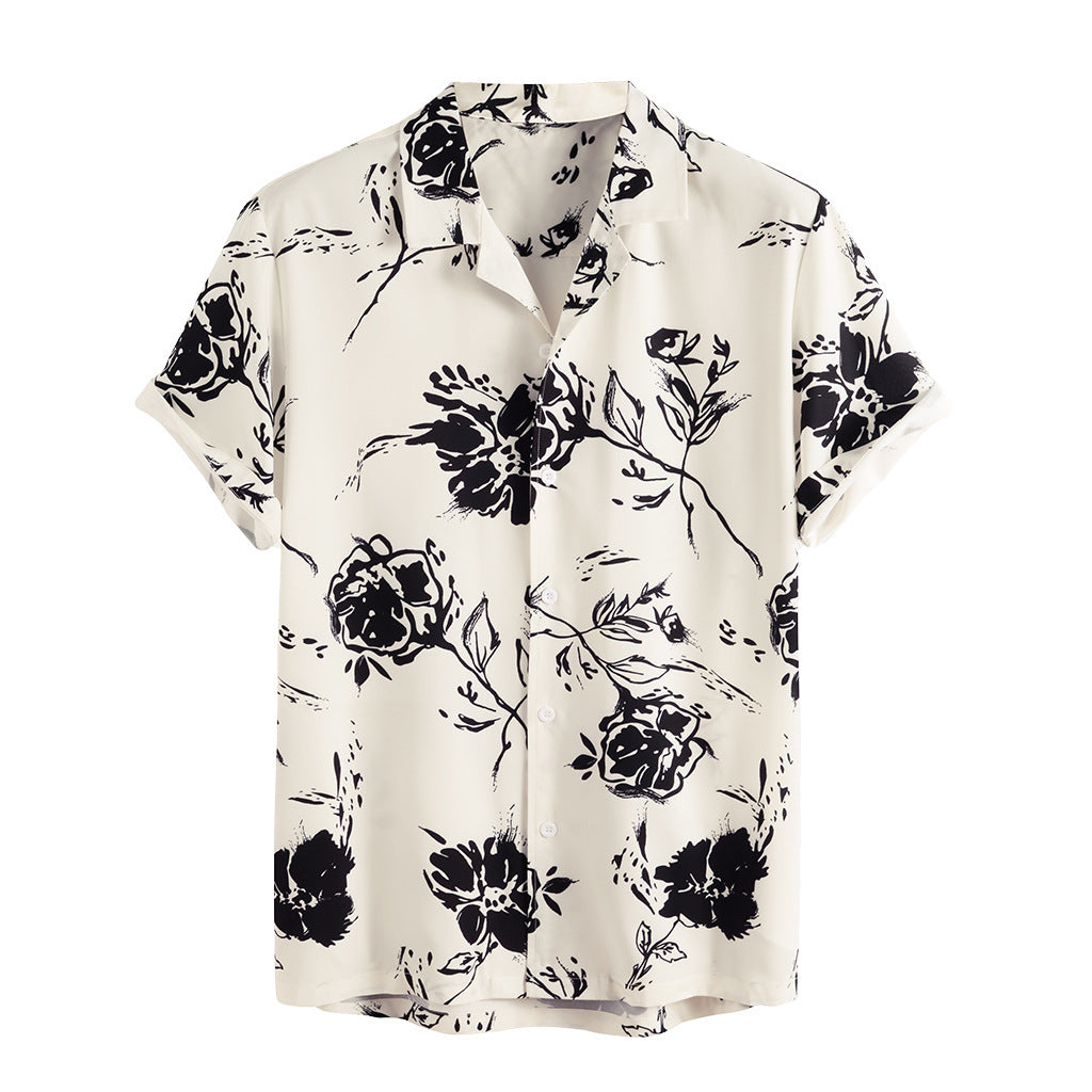 Short Sleeve Men's Rose Print Fashion Casual Men's Shirt