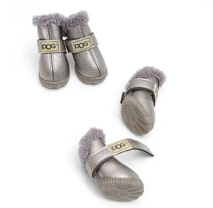 Dog thick snow boots; metallic gray with plush fur lining and DOG-labeled straps; set of three.