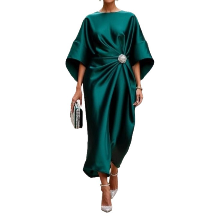 Elegante Vestido Largo de Satén para Mujer con Diseño de Viaje, Decoración de Flores de Perlas, Cintura Alta y Falda Irregular