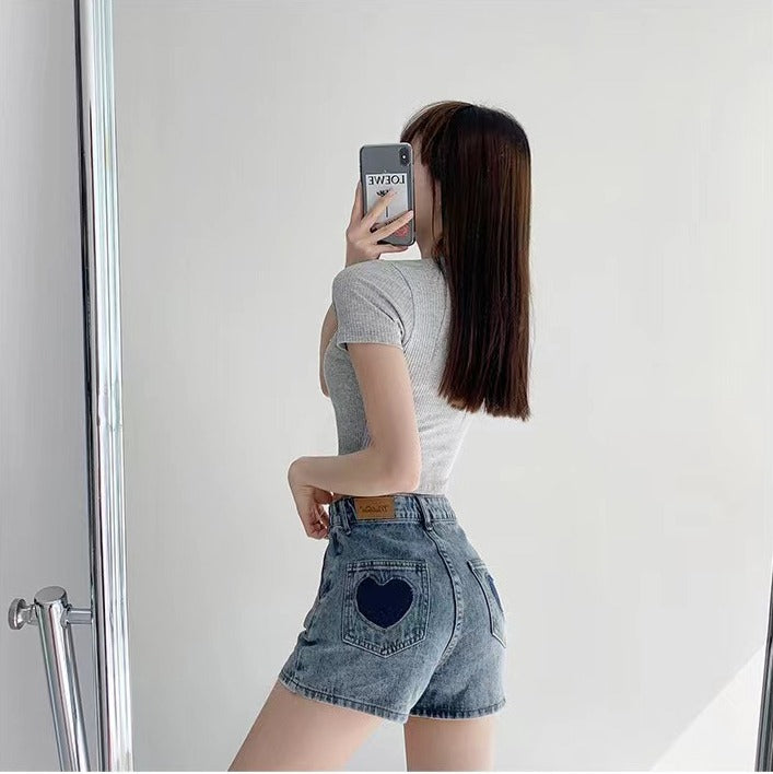 Short en jean trapèze pour femme, style rétro, avec motifs « love »