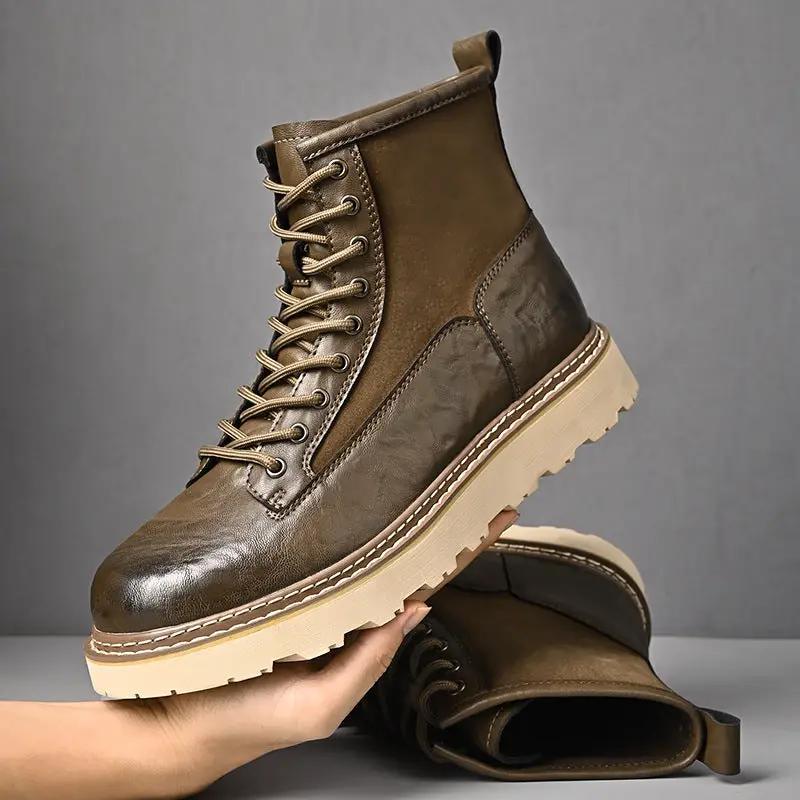 Trend British Style Premium Leather Heritage Work Boots pair by AdTec, brown leather boots with tan rugged sole