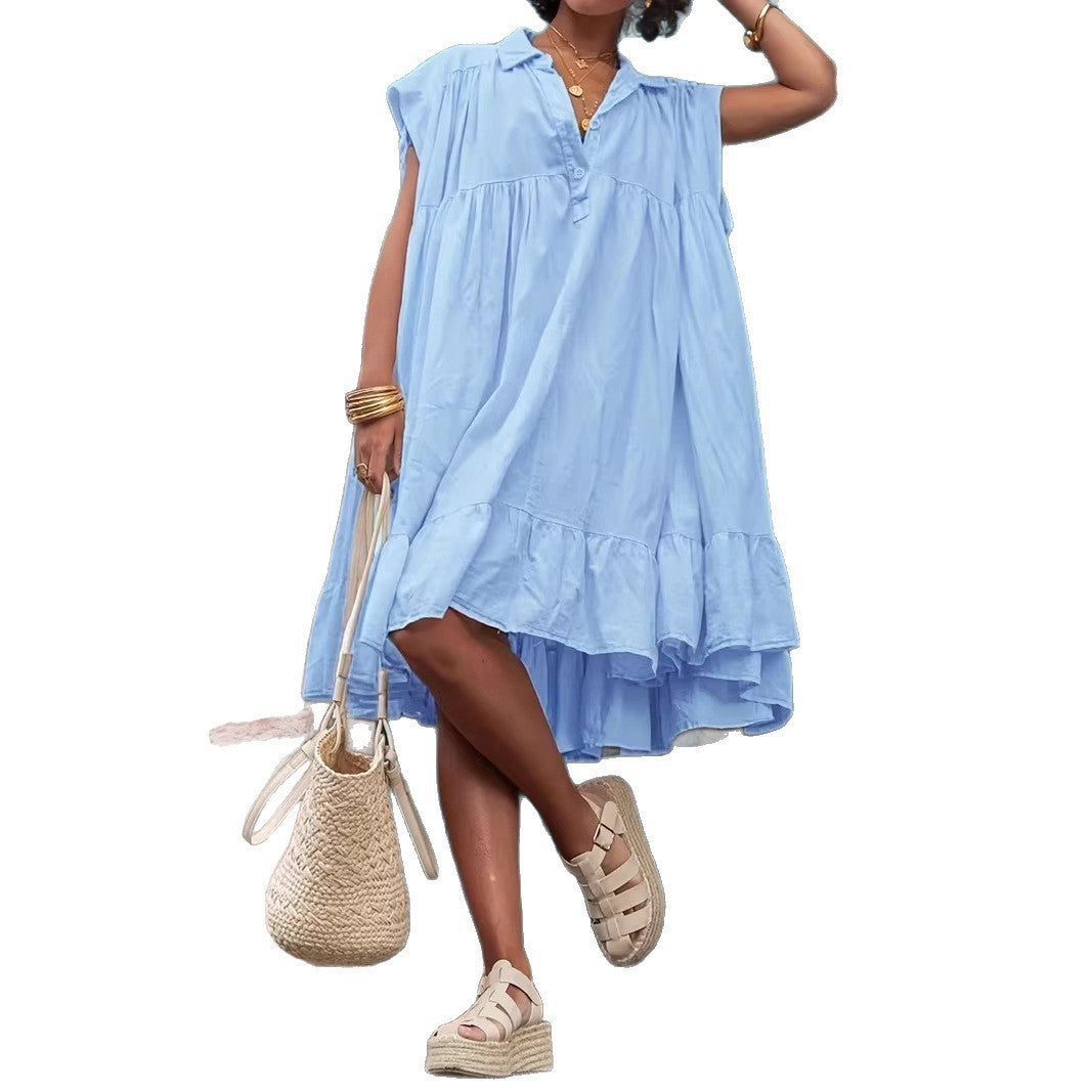 Casual Solid Color V-Neck Plus-Size Tank Top Buttoned Jumpsuit Dress