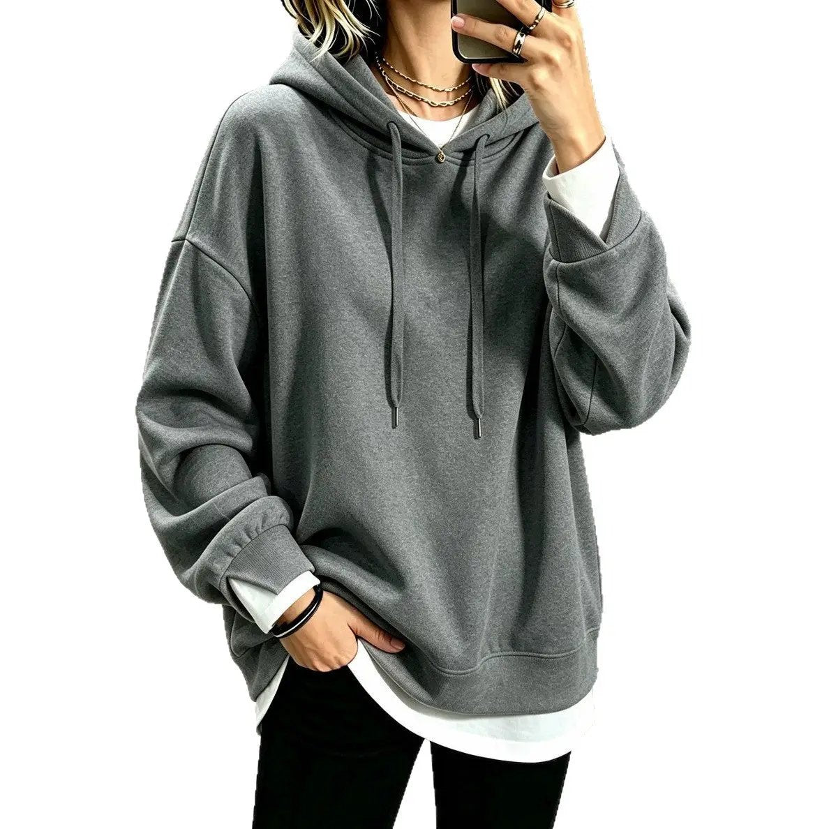 Plus-size loose-fit long-sleeve gray solid-color hoodie with drawstrings, layered over a white tee.