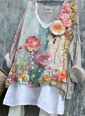 Manga Larga Informal Estampada Suelta Floral para Mujer