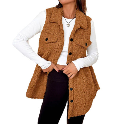 Cardigan gilet peluche ouvert à revers boutonnés