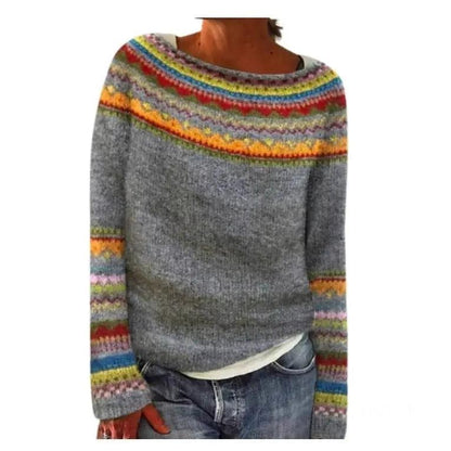 Round-neck loose-fit pullover sweater in gray marled knit with multicolor striped yoke and sleeves.