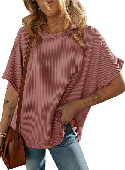 T-shirt en tricot couleur unie pour femme, pull ample et décontracté