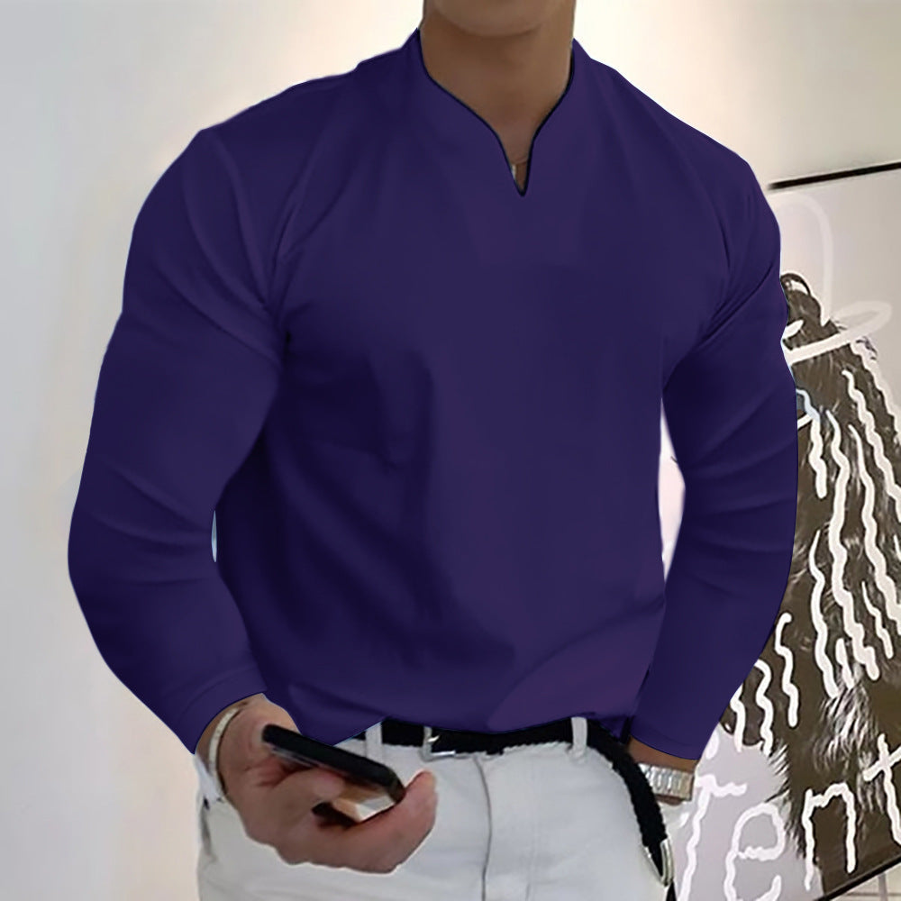 Chemises à manches longues col en V couleur unie décontractées pour hommes