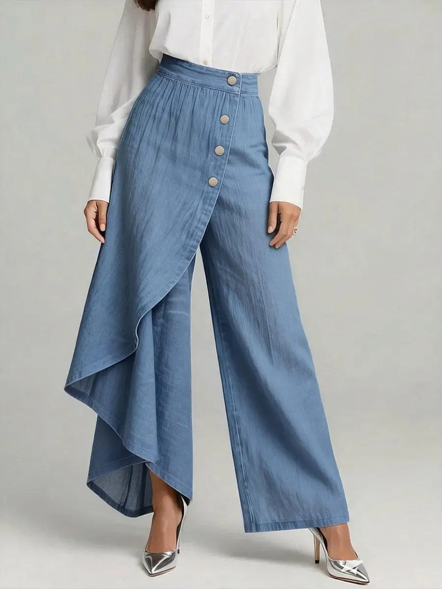 Pantalones únicos de pernera recta a la moda con volantes grandes y botones, pantalones de mujer, ropa vaquera de imitación