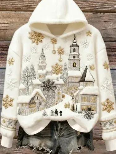 Women's flannel Christmas hoodie long-sleeve top in white with a festive village print