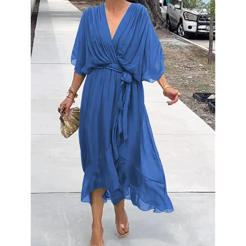 Vestido de verano con escote en V y manga murciélago de color liso con lazo irregular, vestidos largos para mujer