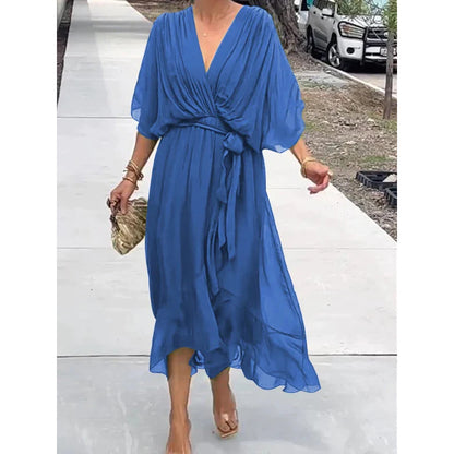 Vestido de verano con escote en V y manga murciélago de color liso con lazo irregular, vestidos largos para mujer