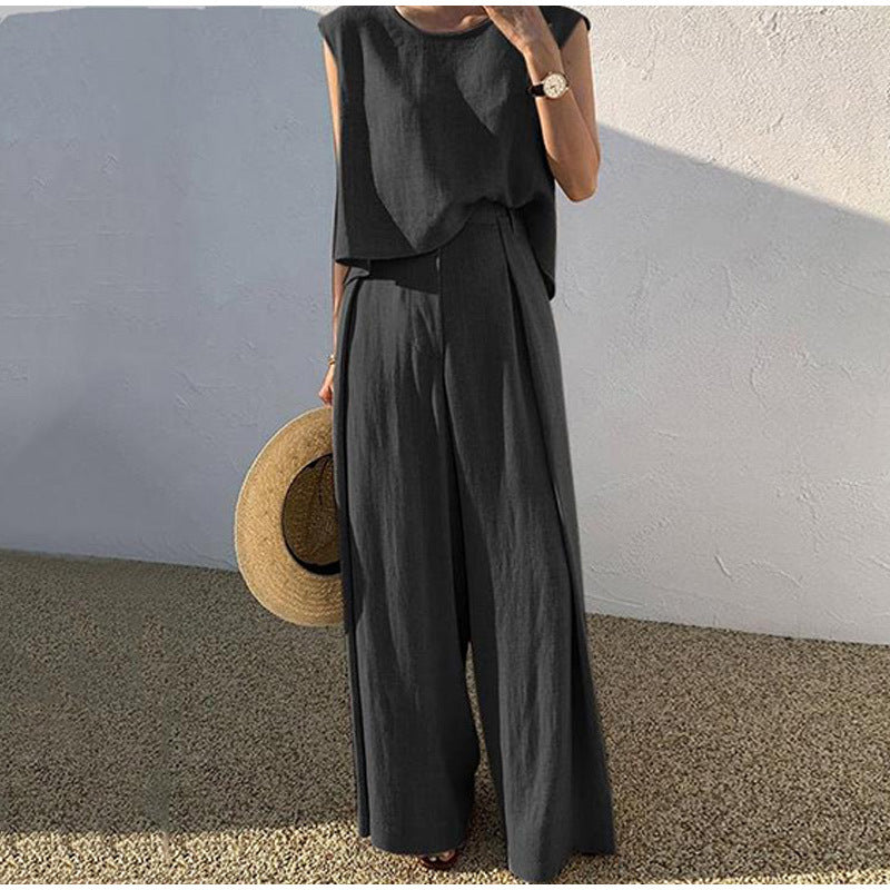 Ensemble deux pièces décontracté sans manches en coton et lin avec pantalon large