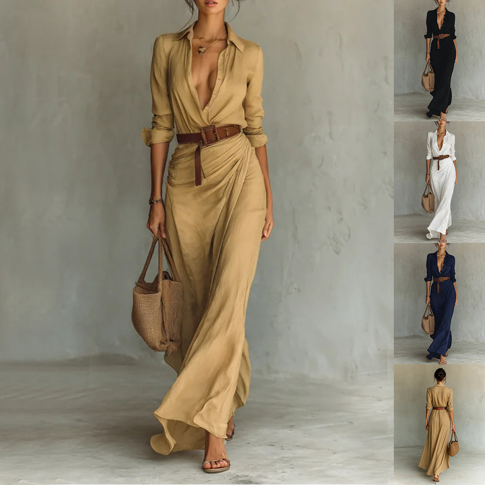 Vestido largo irregular con cinturón, camisa de manga larga con solapa de botones, moda elegante, uso diario para la oficina, ropa para mujer.