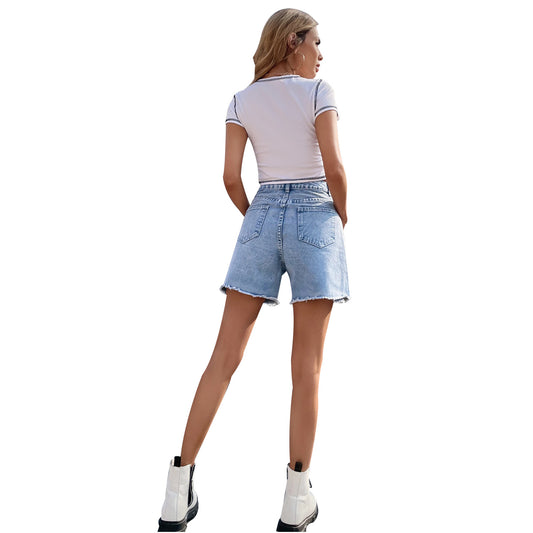 Pantalones cortos de mezclilla casuales sueltos de talle alto para mujer