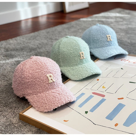 Casquette de Baseball d'Hiver Épaisse en Peau de Mouton et Fourrure avec Grande Lettre R