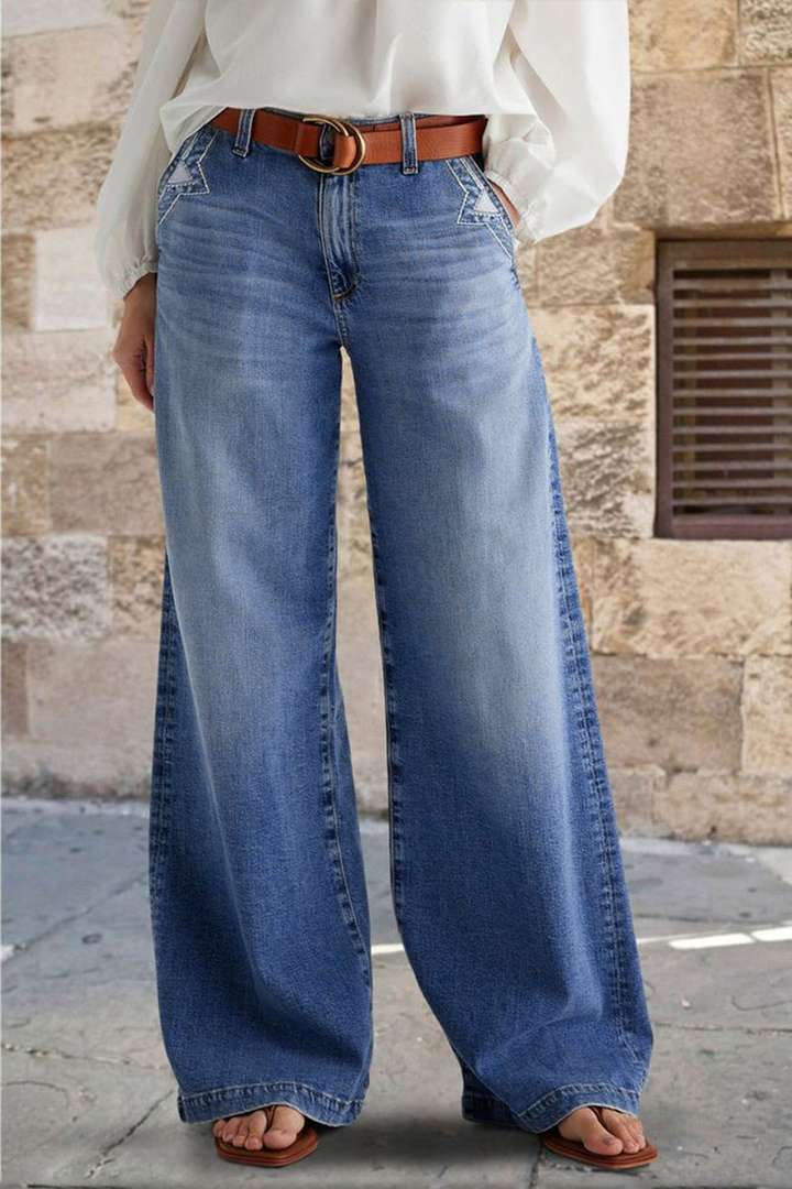Pantalon droit décontracté à taille élastique brodé