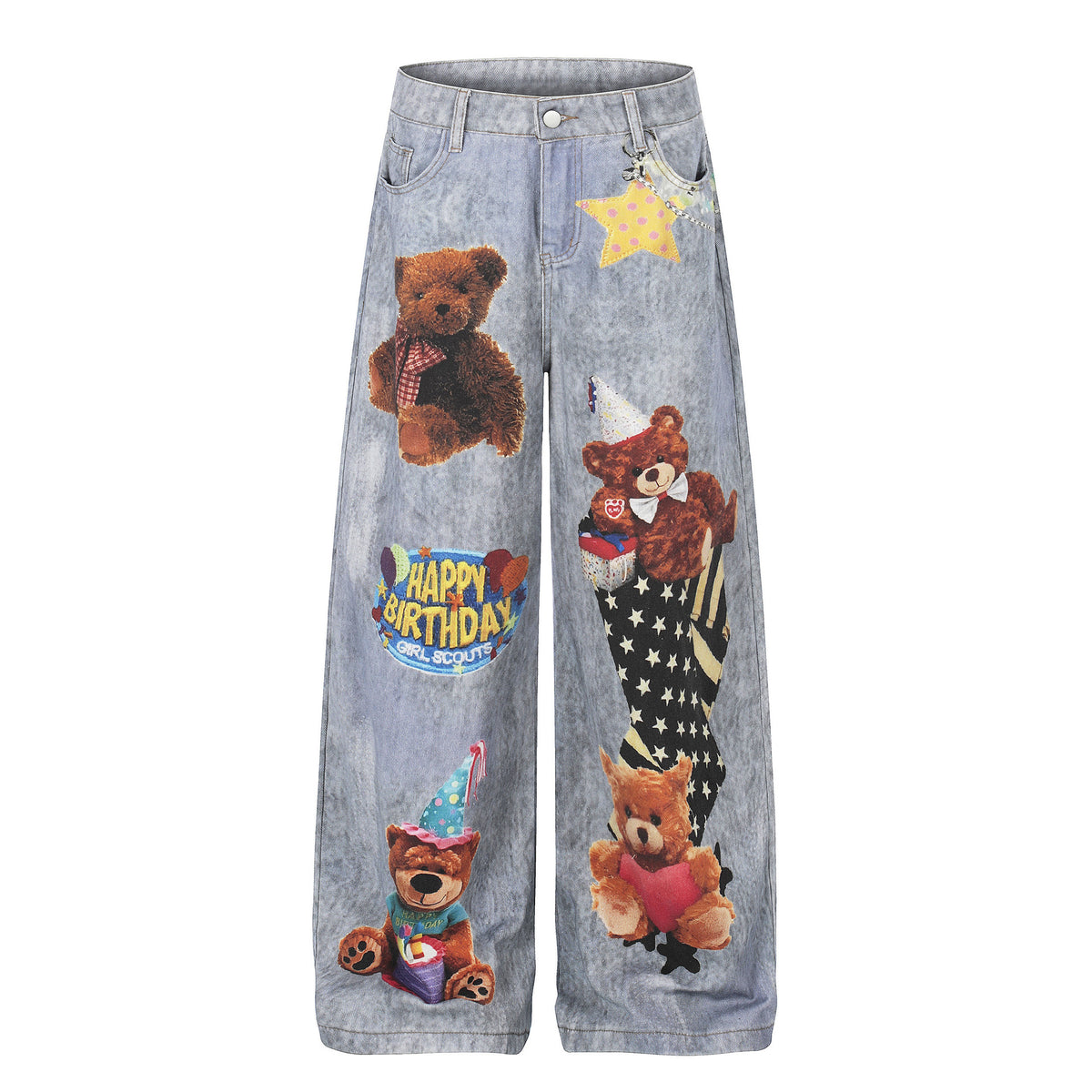 Pantalones vaqueros unisex con estampado de oso, holgados, de pierna ancha, lavados, desgastados, estilo urbano, de pierna recta, largos