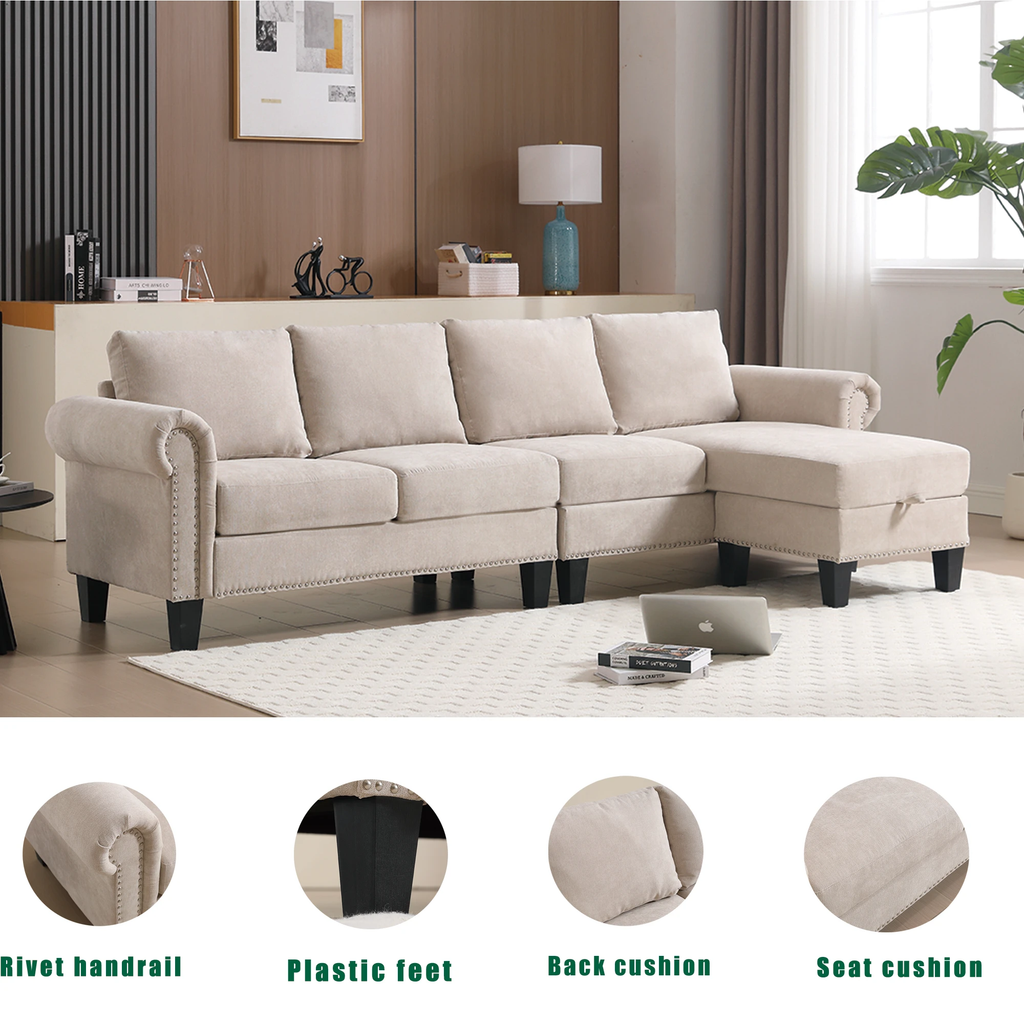 Convertible Sectional Sofa with Storage,L-shaped sofa,Four-seater sofa,Modern Linen Fabric Sectional Couches Beige by eprolo