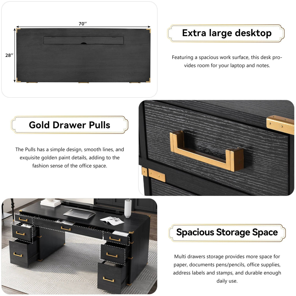 70 inch classic and traditional executive desk with metal trim, writing desk with 2 file drawers, USB ports, and sockets, black by eprolo