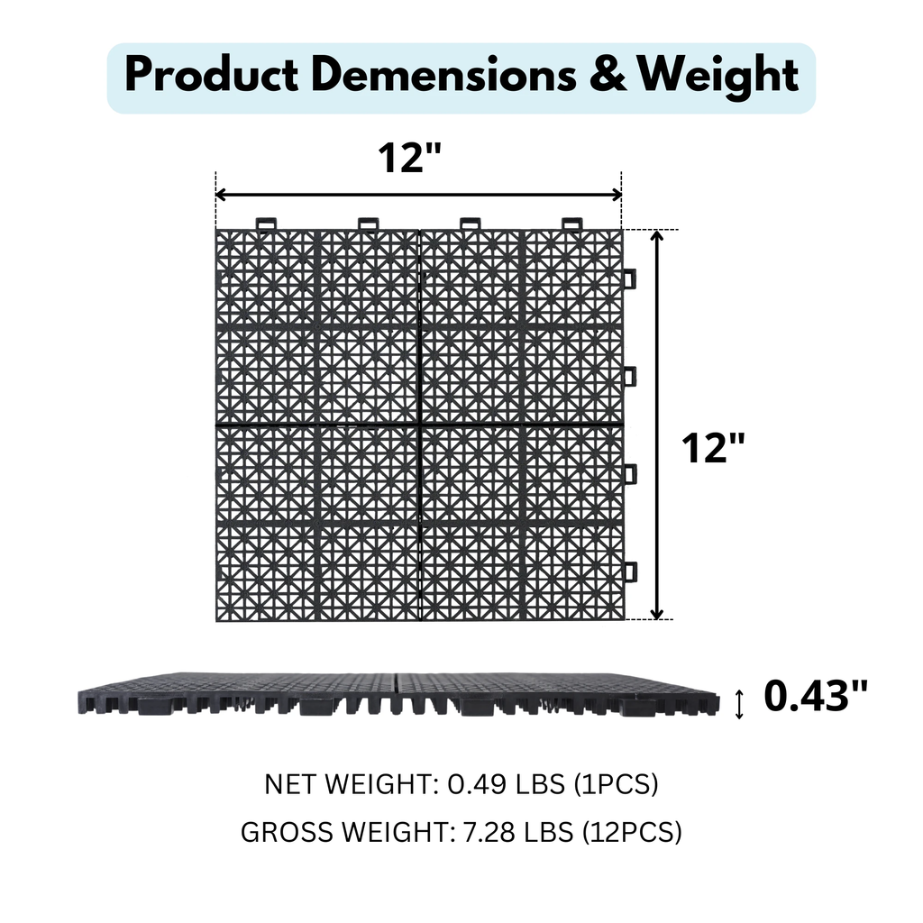 12 x 12 inch black interlocking deck tiles, plastic waterproof, weighing up to 6613 pounds, with a rose pattern pack of 12 by eprolo